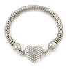 Silver Tone Mesh Bracelet With Crystal Heart Magnetic Closure - 17cm Length