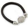 Black Rubber Bracelet With Crystal Button Magnetic Closure In Silver Tone - 17cm L - For small wrist