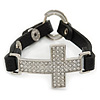 Clear Crystal Cross With Black Leather Style Bracelet In Gold Tone - 18cm L