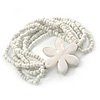 Multistrand White Glass Bead Flex Bracelet with Mother of Pearl Flower Pendant - 19cm L