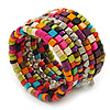 Wide Multicoloured Wooden Bead Coil Flex Bracelet - Adjustable