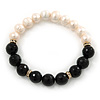 10mm Light Cream Freshwater Pearl with Black Faceted Onyx Stone Stretch Bracelet - 18cm L