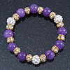 10mm Purple Agate Stone, Gold Crystal Spacers And White Crystal Balls Flex Bracelet - 17cm L