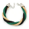 Black, Green, Gold Twisted Mesh Bracelet In Silver Tone - 16cm L/ 4cm Ext