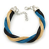 Black, Turquoise, Gold Twisted Mesh Bracelet In Silver Tone - 16cm L/ 4cm Ext