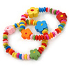 Children's/ Teen's / Kid's Multicoloured Wood Bead with Flowers Flex Bracelet - Set of 2pcs - Adjustable