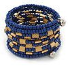Blue Glass/ Gold Acrylic Bead Coiled Bracelet - Adjustable