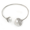 Crystal Double Pearl Bead Bar Slip On Bracelet In Silver Tone - Adjustable