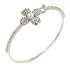 Delicate Clear Crystal, Pearl Flower Thin Bangle Bracelet In Silver Tone - 19cm