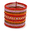 Wide Snow Red/ Orange/ Carrot/ Bronze/ Pink Glass Bead Flex Bracelet - Adjustable - 60mm W