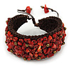 Handmade Coral Nugget Brown Cotton Cord Cuff Bracelet - Adjustable