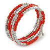 Coral Orange Glass Bead, Silver Acrylic Bead Multistrand Coiled Flex Bracelet - Adjustable