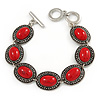 Vintage Inspired Coral Red Oval Ceramic Stone Etched Bracelet With Toggle Clasp -18cm L