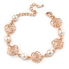 Delicate Filigree CZ Rose with Simulaled Pearl Bracelet In Rose Gold Tone Metal - 15cm L/ 5cm Ext (For Small Wrist)