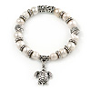 10mm Freshwater Pearl With Turtle Charm and Silver Tone Metal Rings Stretch Bracelet - 18cm L