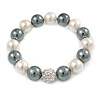 12mm White/ Grey Polished Glass Bead with Clear Crystal Ball Flex Bracelet - 17cm L