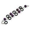 2 Row Purple Round Wood Bead, Black Wood Ring Bracelet in Silver Tone Metal - 20cm L/ 5cm Ext