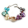Multicoloured Shell , Faux Pearl Bead Cluster Bracelet - 16cm L/ 3cm Ext - For Smaller Wrists