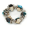 Blue/ Natural Sea Shell Silver Tone Acrylic Bead Flex Bracelet - 18cm L
