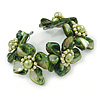 Stunning Green Shell, Faux Pearl Bead Floral Flex Cuff Bracelet - 18cm L