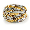 Multistrand Acrylic Bead Coiled Flex Bracelet In Silver, Gold, Brown - Adjustable