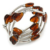 Multistrand Brown/ Amber Glass Heart Bead Coiled Flex Bracelet In Silver Tone - Adjustable