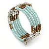 Multistrand Glass, Acrylic Bead Coiled Flex Bracelet (Silver, Light Blue, Bronze) - Adjustable