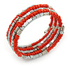 Carrot Red Glass and Silver Tone Acrylic Bead Flex Coiled Bracelet - Adjustable