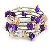 Purple/ Natural Shell Nugget Multistrand Coiled Flex Bracelet in Silver Tone - Adjustable