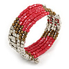 Glass and Acrylic Bead Multistrand Coiled Flex Bracelet (Silver, Deep Pink, Bronze) - Adjustable