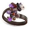 Semiprecious Stone Floral Silver Tone Wire Brown Leather Flex Bracelet (Purple) - Adjustable