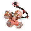 Pastel Pink Sea Shell Bead Butterfly Silver Wire Flex Cuff Bracelet - Adjustable