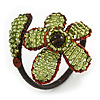 Light Green Glass Bead Flower Copper Wire Flex Cuff Bracelet - Adjustable