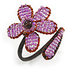 Pink Lilac Glass Bead Flower Copper Wire Flex Cuff Bracelet - Adjustable