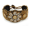 Handmade Boho Style Beaded, Shell Wristband Bracelet (Bronze, Cream) - 15cm L/ 2cm Ext - Small