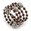 Brown Ceramic Bead with Silver Tone Wire Metal Ball Coiled Flex Bracelet - Adjustable