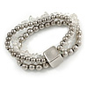 Multistrand Silver Metal Bead, Transparent Semiprecious Nugget Flex Bracelet - 18cm L
