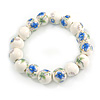 13mm Summery Light Blue/ Green Floral Pattern White Ceramic Bead Flex Bracelet - 17cm L