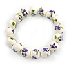 13mm Summery Purple/ Green Floral Pattern White Ceramic Bead Flex Bracelet - 17cm L