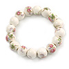 13mm Summery Pink/ Green Floral Pattern White Ceramic Bead Flex Bracelet - 17cm L