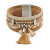 Stylish Gold Caramel Faux Leather with Tassel, Glass Beads and Crystal Detailing Magnetic Bracelet In Silver Finish - 18cm L