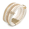 Stylish White Faux Leather with Crystal Detailing Magnetic Bracelet In Gold Finish - 18cm L