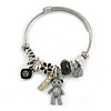 Fancy Charm (Bear, Heart, Flower, Crystal Beads) Flex Twisted Cable Cuff Bracelet In Silver Tone Metal - Adjustable - 17cm L