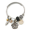 Fancy Charm (Heart, Flower, Glass Beads, Medallion) Flex Twisted Cable Cuff Bracelet In Silver Tone Metal - Adjustable - 17cm L
