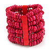 Wide Wooden Bead Flex Bracelet In Deep Pink - 19cm L - Adjustable