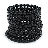 Wide Wood and Glass Bead Coil Flex Bracelet In Black - Adjustable