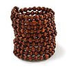 Wide Wood and Glass Bead Coil Flex Bracelet In Brown - Adjustable