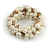 Solid Chunky Light Cream Glass Bead, Antique White Sea Shell Nuggets Flex Bracelet - 18cm L