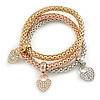 Set Of 3 Thick Mesh Flex Bracelets with Heart/ Keylock Charm in Gold/ Silver/ Rose Gold - 19cm L