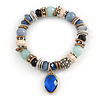 Trendy Ceramic and Semiprecious Bead, Gold/ Silver Tone Metal Rings Flex Bracelet (Blue, Mint, Natural) - 18cm L